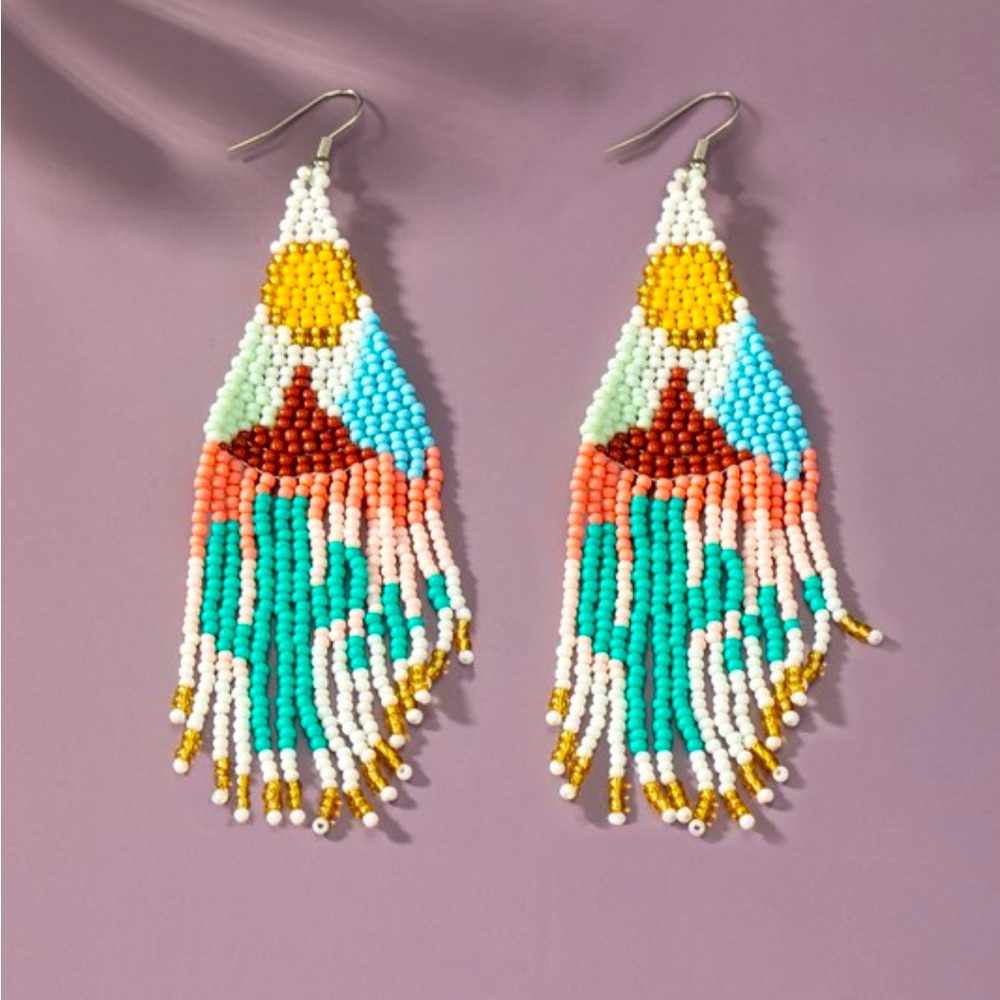 Handmade Cactus Sun and Mountains seed bead earrings